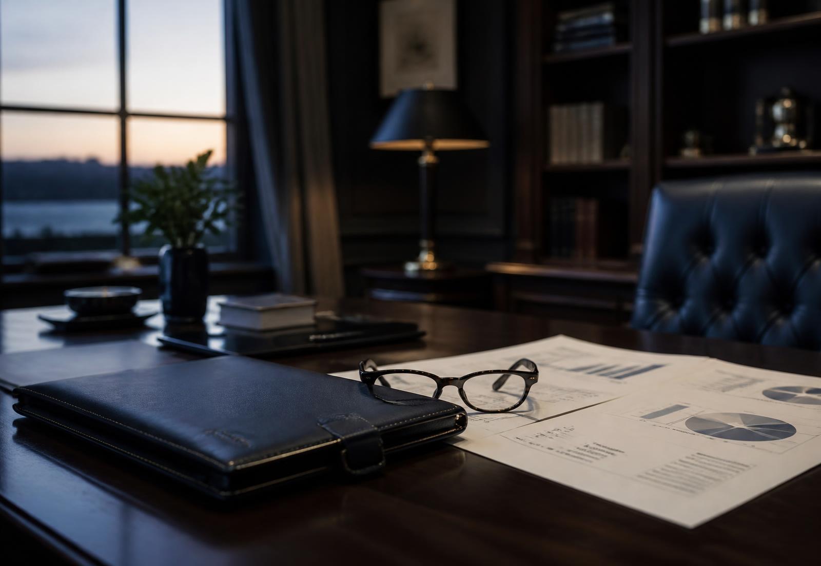 A private study at dusk with financial statements and a leather portfolio on a desk